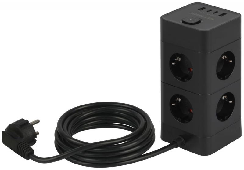 Сетевой фильтр ЭРА TWR-8es-1,5m-4USB-B башня с защитой заземлением с выключателем 8 розеток+4xUSBA+C 1,5м 16А черный Б0069072