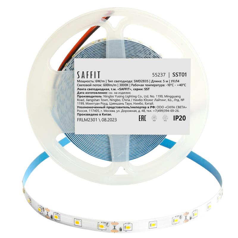 Светодиодная лента Saffit SST01 12В 6Вт/м 3000К 5м IP20 55237